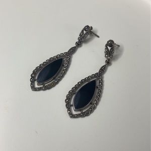 Vintage art deco 925 marked silver onyx and marcasite drop earrings, vintage